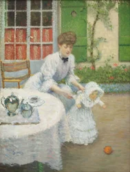 Mor med en flicka som leker med en boll 1906