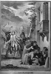 Les Plaideurs Illustration från Jacques de Seve för verk av Jean Racine (1639-1699), fransk tragisk poet. gravyr från 1760.