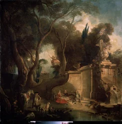 ""Rest after the Hunt" (Rest after the Hunt) Nöjen för adeln efter jaktfesten, en kvinna på en gunga, en picknickscen (picknick) på landsbygden. Målning av Jacques de Lajoue (1686-1761) 1730 Pushkin Museum, Moskva
