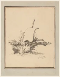 Ritning, Design för ett nyckelskylt i form av en båt med segel, till Recueil Nouveau de Differens Cartouches, 1734