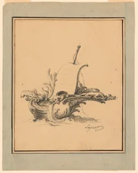Ritning, Design för ett nyckelskylt i form av en båt med segel, till Recueil Nouveau de Differens Cartouches, 1734