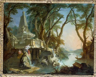 Landskap komponerar eller "" floden"" Pyramidformad fontän med staty av Neptunus trasig. Målning av Jacques de Lajoue (1686-1761) 1700-talets sön. 0,81 x 1,01 m