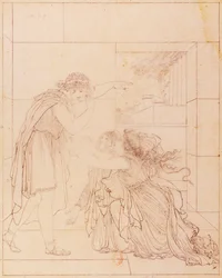 Andromaque vid Pyrrhus fot, illustration för Andromaque av Jean Racine (1639-1699), av Jacques de Seve (1742-1788), teckning