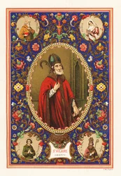 Porträtt av Saint Hilary, biskop av Poitiers, med miter och krok, inom dekorativ kant av lövverk