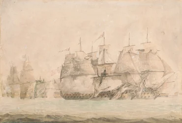 Slaget vid S:t Vincent, Nelson i "Captain" bordar och kapar de två slagskeppen i linje den 14 februari 1797