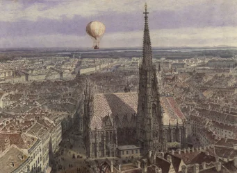 Ballongfärd över Wien (Vy över Wien från sydväst med en ballong över staden)