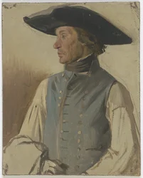 Bonde med stor hatt och blå väst