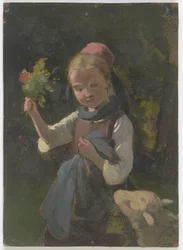 Bondflicka med blomsterbukett, från höger ett får