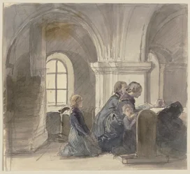 Bedjande bönder i en kyrka
