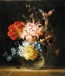 Stilleben av blommor i en glasvas, med en humla och en fjäril (olja på duk)