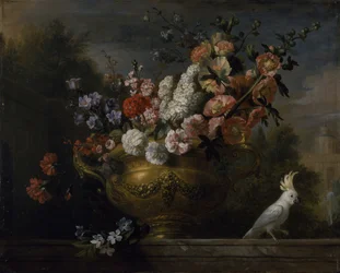 Stilleben med blommor i en urna, med en kakadua på en avsats, omkring 1699