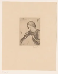 Porträtt av Malvina Dedeyn med handarbete Sömmerskan (titel på objekt)