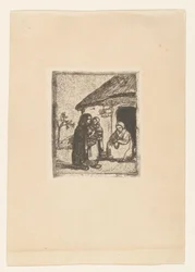 Två kvinnor och ett barn framför ett hus Little Beggar (originaltitel)