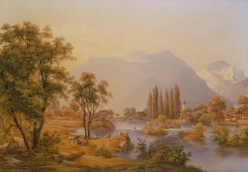 Utsikt över floden Aare och Interlaken med klostret (olja)