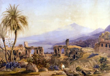 Taormina på Sicilien: ruinerna och Etna. Målning av Jacob Suter, ca 1850.