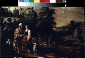 Jacob möter Rachel vid brunnen (Jacob möter Rachel vid brunnen). Målning av Jacobus (Jacques) Wabbe eller Waben (verksam mellan 1602-1634). Olja på trä, 38 x 62,5 cm