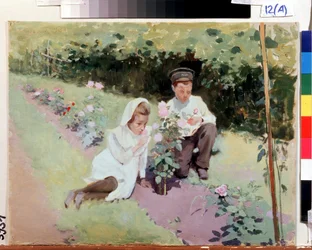 ""Au rosier"" Två barn i en rosenträdgård. Målning av Jakov Kalinichenko (1869-1938) 1908 State Regional I. Pozhalostin Art Museum, Ryasan