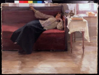 ""Drömmar"" eftertänksam ung flicka liggande på en soffa. Målning av Jakov Kalinichenko (1869-1938) 1904 State Regional I. Pozhalostin Art Museum, Ryasan