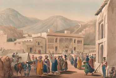 The Durbar-Khaneh of Shah Shoojah-ool-Moolk, vid Cabaul [sic], ca 1840 (litografi, tonad)