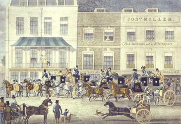 West Country Mail på Gloucester Coffee House, Piccadilly, graverad av C. Rosenberg (färgad litho)