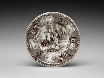 Koppstallrik, ca. 1837-1856 (blyglaserat lergods med transfertryck)