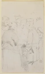 En grupp av figurer runt en brazier, 1858.