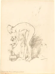 En nakenmodell som arrangerar blommor, ca. 1892.