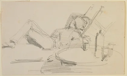 En man liggande på en säng, 1858.