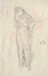 Draperad figur stående.