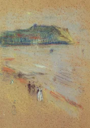 Figurer på en strand nära klippor