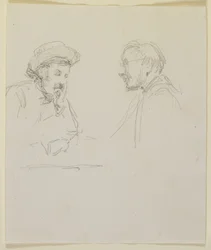 Två mäns huvuden, ca 1855-59 (penna på benvitt vävt papper)