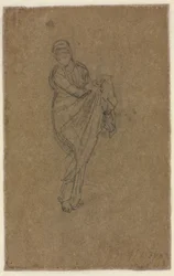 Stående kvinna som håller upp sin klänning verso, ca. 1872.