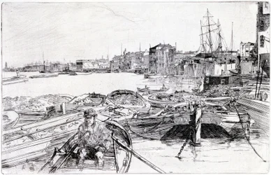 Vy över Themsen, över London Basin (England), år 1859, tillhör en serie gravyrer om Themsen, som belyser gemenskapen av sjöfartsarbetare i den engelska huvudstaden