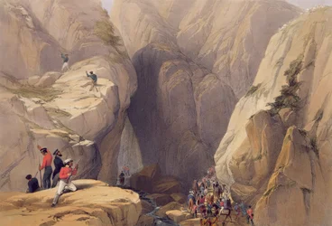 Ingången till Kojakpasset från Parush, från "Sketches in Afghaunistan", graverad av Charles Haghe (1810-88) och Louis Haghe (1806-85), utgiven av Henry Graves, 1842.