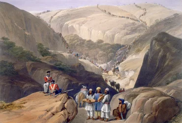 Den första nedstigningen genom Koojah-passet, ur "Sketches in Afghaunistan", graverad av Charles Haghe (1810-88) och Louis Haghe (1806-85), utgiven av Henry Graves, 1842.