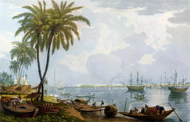 En utsikt över Calcutta, från en punkt mitt emot Kidderpore, 1837, graverad av Robert Havell den yngre (1793-1878) (akvatint)