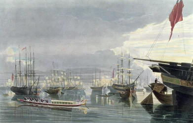 En utsikt över floden, sjöfarten och staden Calcutta, från nära Smiths Dock, 1837, graverad av Robert Havell den yngre (1793-1878) (akvatint)