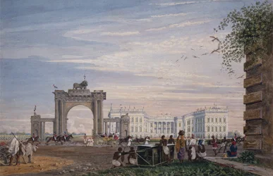 Vy över regeringsbyggnaden, från öster, Calcutta, ca 1820 (akvarell)