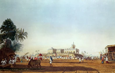 Lall Bazaar och det portugisiska kapellet, Calcutta, graverad av Robert Havell, pub. 1824
