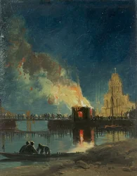 Bristol Riots: The Burning of the Toll Houses, Prince Street Bridge, ca 1831 (olja på papper)