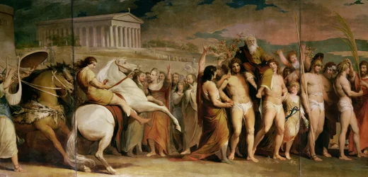 Kröningen av segrarna i Olympia, tredje delen i serien "Den mänskliga kulturens och kunskapens framsteg", detalj av mittpanelen som visar Diagoras, ca 1777-1801