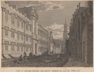 Utsikt över Exeter College, All Saints Church, från Turl