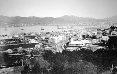 Lambton Harbor och Queens Wharf, Wellington, Nya Zeeland, 1870
