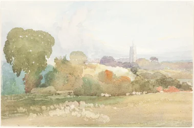 Landskap med kyrktorn, 1828.