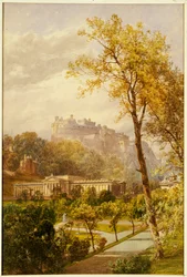Utsikt över Princes Street Gardens och National Gallery i Edinburgh, västerut mot slottet, 1855