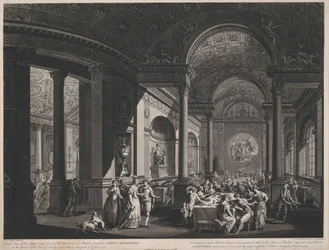 Inifrån av nattvardssalen och en del av balsalen i en paviljong som uppfördes för en fete Champetre i Garden of Earl of Derby