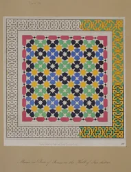 Mosaik i dado i en nisch i de två systrarnas sal, Alhambra, från "The Arabian Antiquities of Spain", publicerad 1812.