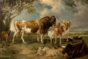 Tjur, ko och kalv i ett landskap, 1837