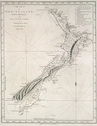 Karta över Nya Zeeland, utforskat 1769 och 1770 av löjtnant J.Cook, befälhavare på Hans Majestäts Bark Endeavour