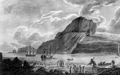 Kerguelen-ön, utsikt över Christmas Bay, teckning av William Hodges, gravyr av William Watts, illustration från Voyage to South Pole, and Round World, av James Cook (1728-1779), upplaga publicerad i Paris 1778